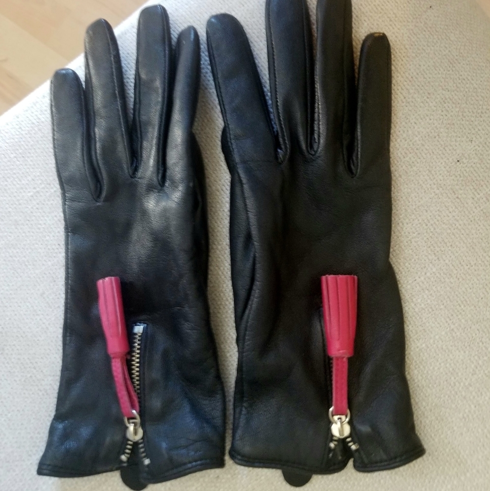 Pink Tassel Black Leather Gloves